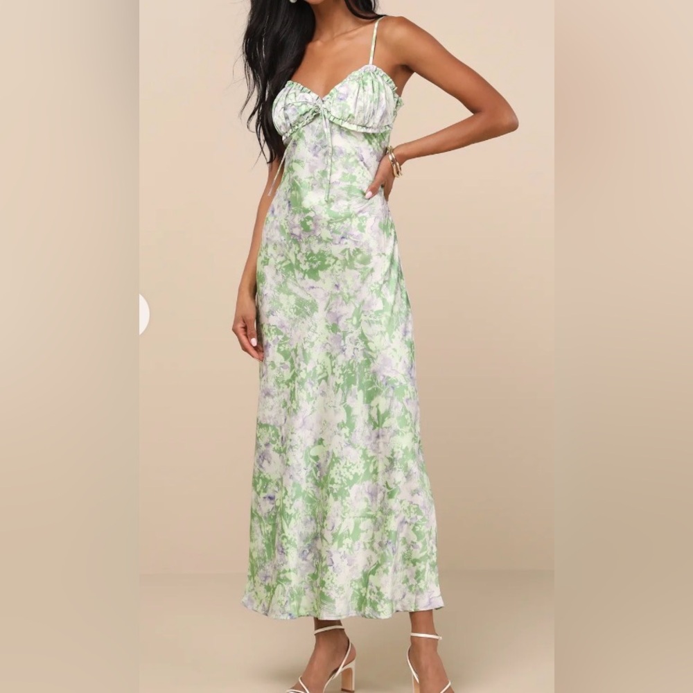 Jacquie Valentina Green Multi Abstract Satin Ruffled Maxi Dress